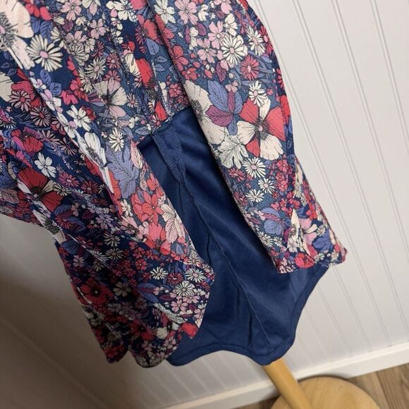 BCBG Paris Sz L Retro Floral Short Ruffle Short Dress V-Neck Lined Romantic Chic - Picture 11 of 16